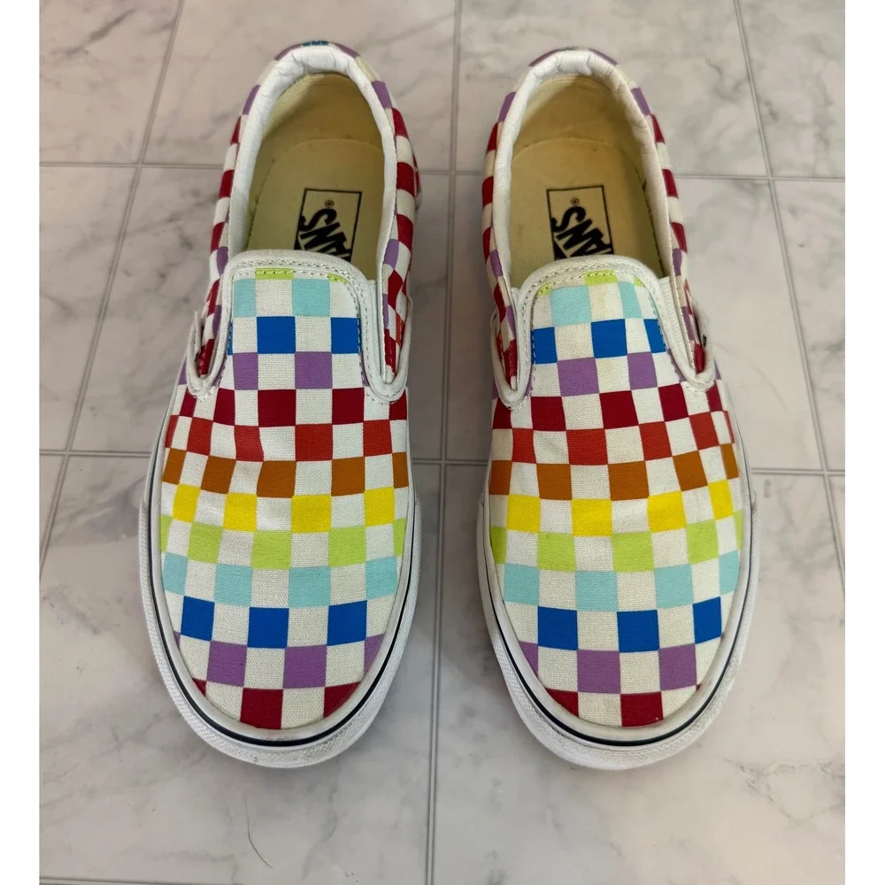 Vans Classic Slip-On Rainbow Checkerboard Sneakers Mens 7 Womens 8.5 Multi Color